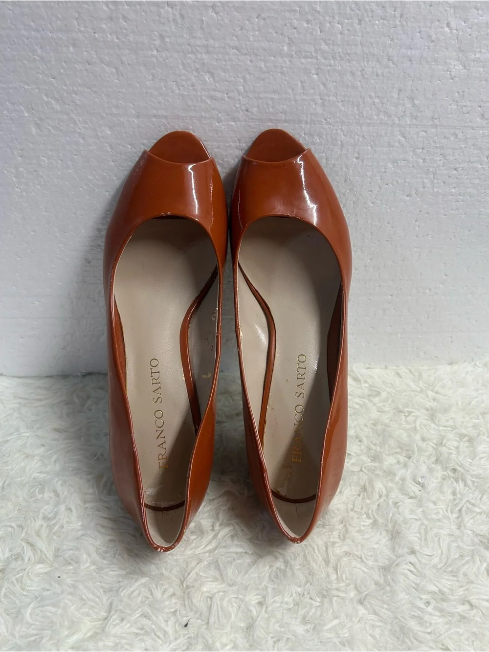 Franco Sarto Women's Open-Toe Patent Pumps in Cognac Brown